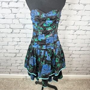 Vintage 1980's Strapless Dress Positively Ellyn Size 7/8 Blue Floral Peplum